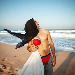 A romantic scene of a hijab woman, braless and wearing red underwear, embracing her natural body as she softly kisses a man's torso on the beach