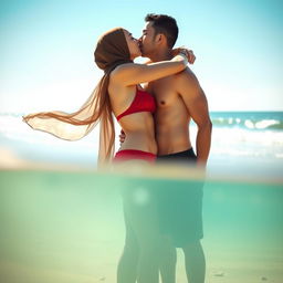 A romantic scene of a hijab woman, braless and wearing red underwear, embracing her natural body as she softly kisses a man's torso on the beach