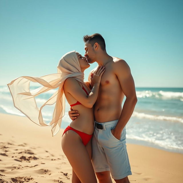 A romantic scene of a hijab woman, braless and wearing red underwear, embracing her natural body as she softly kisses a man's torso on the beach