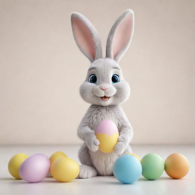 Create a detailed 3D Pixar-style image of a cute, young Easter bunny happily holding Easter eggs