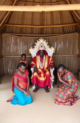 Inside a traditional African chief’s office, a wide grass thatched single-room house with half-open walls