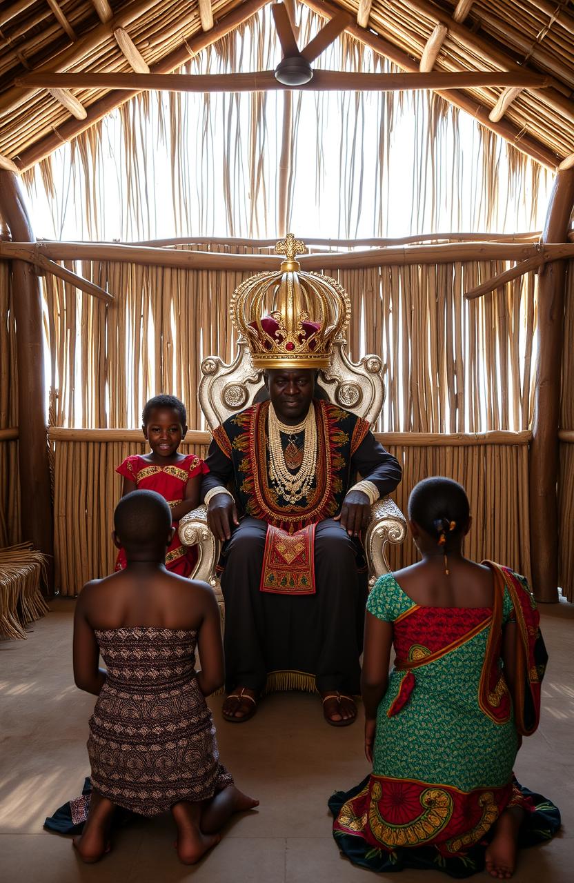 Inside a traditional African chief’s office, a wide grass thatched single-room house with half-open walls