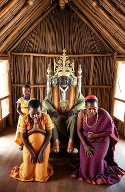 Inside a traditional African chief’s office, a wide grass thatched single-room house with half-open walls