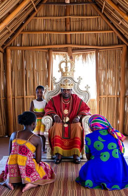 Inside a traditional African chief’s office, a wide grass thatched single-room house with half-open walls
