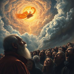 A serene scene featuring an old bearded man in profile, situated in the corner of the canvas