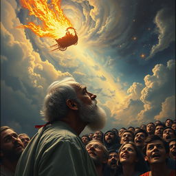 A serene scene featuring an old bearded man in profile, situated in the corner of the canvas