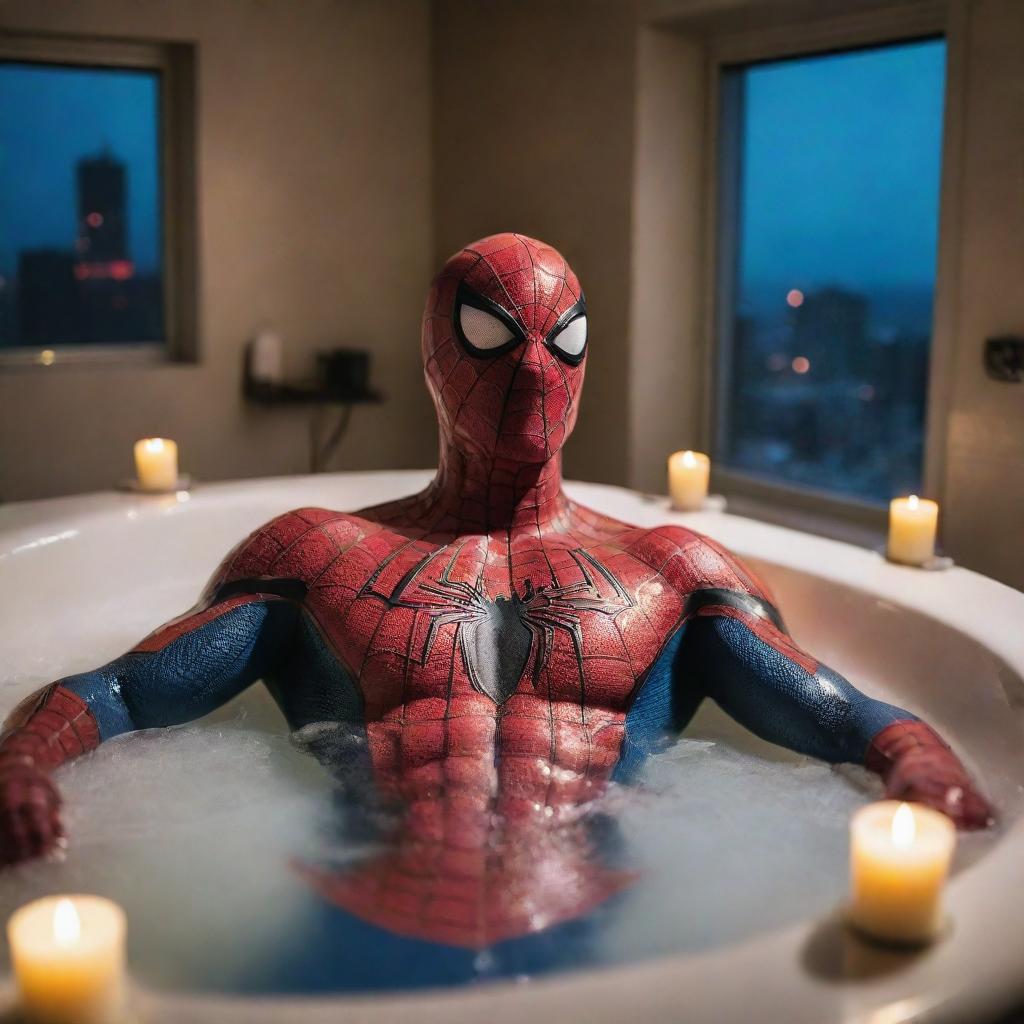 Spiderman in a luxurious bubble bath, unwind, with a comic book in hand