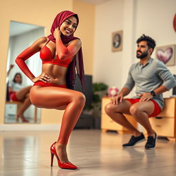 A vibrant scene featuring a hijab woman wearing a red bra, matching red underwear, and stylish high heels, performing a squat pose for her boyfriend