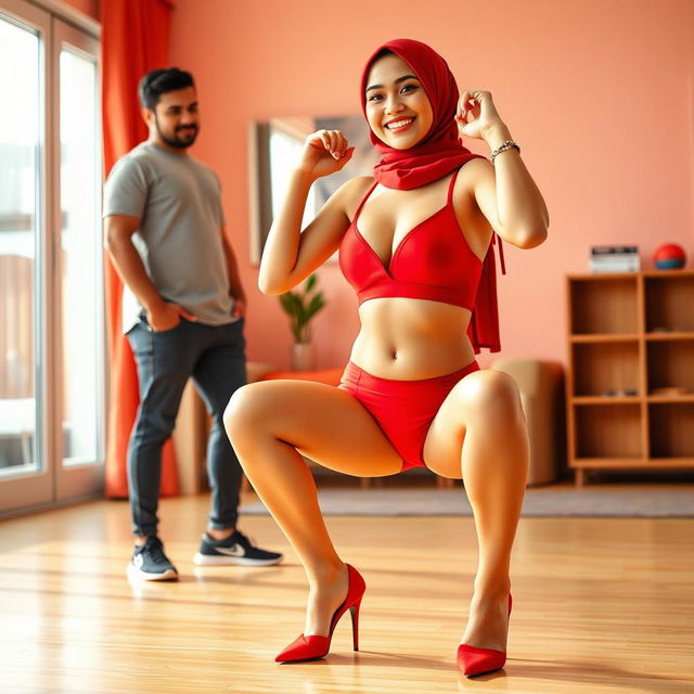 A vibrant scene featuring a hijab woman wearing a red bra, matching red underwear, and stylish high heels, performing a squat pose for her boyfriend