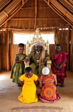 Inside a traditional African chief’s office, a wide grass thatched single roomed house with half open walls