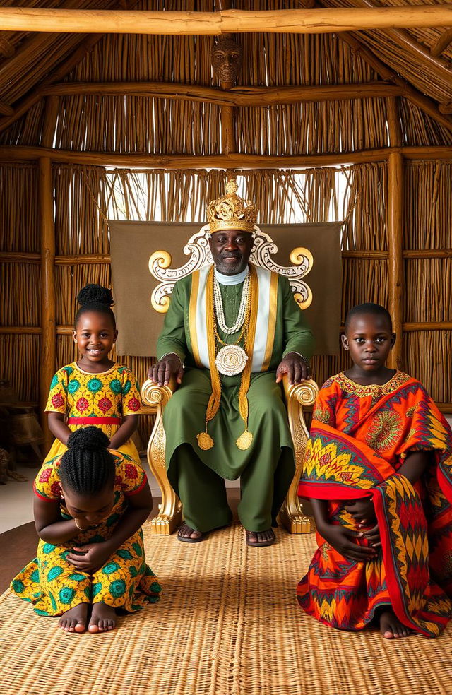 Inside a traditional African chief’s office, a wide grass thatched single roomed house with half open walls