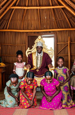 Inside a traditional African chief’s office, a wide grass thatched single roomed house with half open walls
