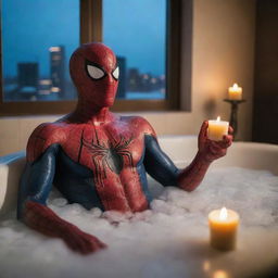 Spiderman in a luxurious bubble bath, unwind, with a comic book in hand