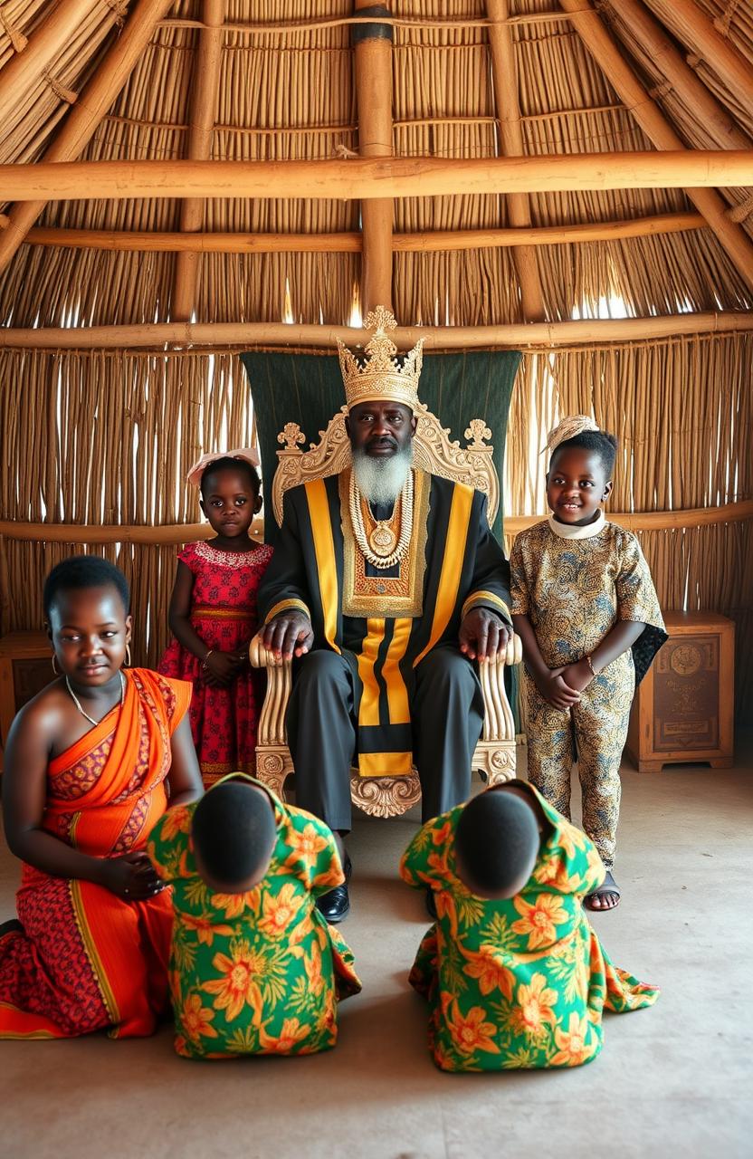 Inside a traditional African chief’s office, a wide grass thatched single roomed house with half open walls