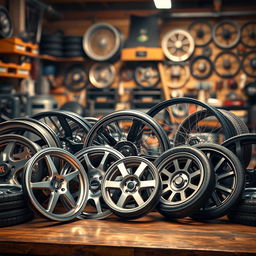 A stunning collection of various types of wheels, including classic car wheels, modern sport wheels, and bicycle wheels, arranged artfully on a wooden surface