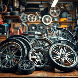 A stunning collection of various types of wheels, including classic car wheels, modern sport wheels, and bicycle wheels, arranged artfully on a wooden surface