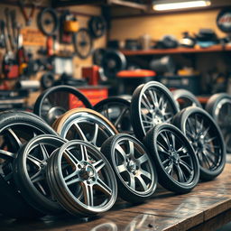 A stunning collection of various types of wheels, including classic car wheels, modern sport wheels, and bicycle wheels, arranged artfully on a wooden surface