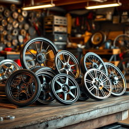A stunning collection of various types of wheels, including classic car wheels, modern sport wheels, and bicycle wheels, arranged artfully on a wooden surface