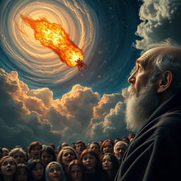 A serene scene featuring an old bearded man in profile, positioned in the corner of the canvas