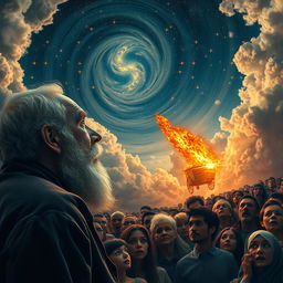 A serene scene featuring an old bearded man in profile, positioned in the corner of the canvas