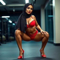 A striking image of a hijab woman wearing a vibrant red bra, matching red underwear, and fashionable high heels, positioned in a sexy squat pose
