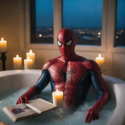 Spiderman in a luxurious bubble bath, unwind, with a comic book in hand