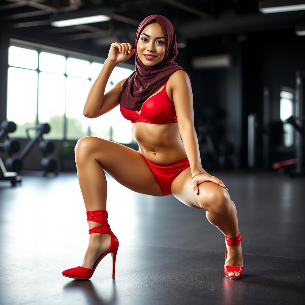 A striking image of a hijab woman wearing a vibrant red bra, matching red underwear, and fashionable high heels, positioned in a sexy squat pose