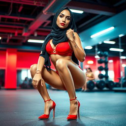 A striking image of a hijab woman wearing a vibrant red bra, matching red underwear, and fashionable high heels, positioned in a sexy squat pose