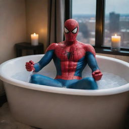 Spiderman in a luxurious bubble bath, unwind, with a comic book in hand