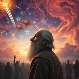 A serene scene featuring a bearded old man in profile, situated in the corner of the canvas