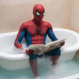 Spiderman relaxing in a bubble bath, reading a comic book