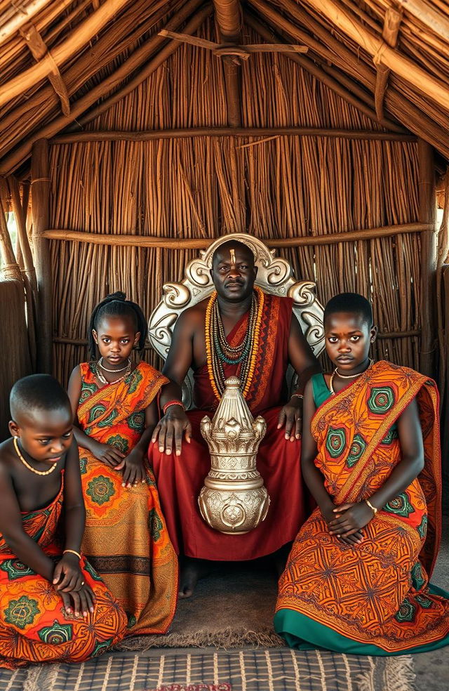 Inside a traditional African chief’s camp, depicted in a wide grass thatched single-room house with half open walls