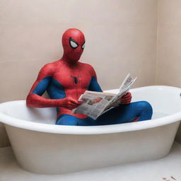 Spiderman relaxing in a bubble bath, reading a comic book