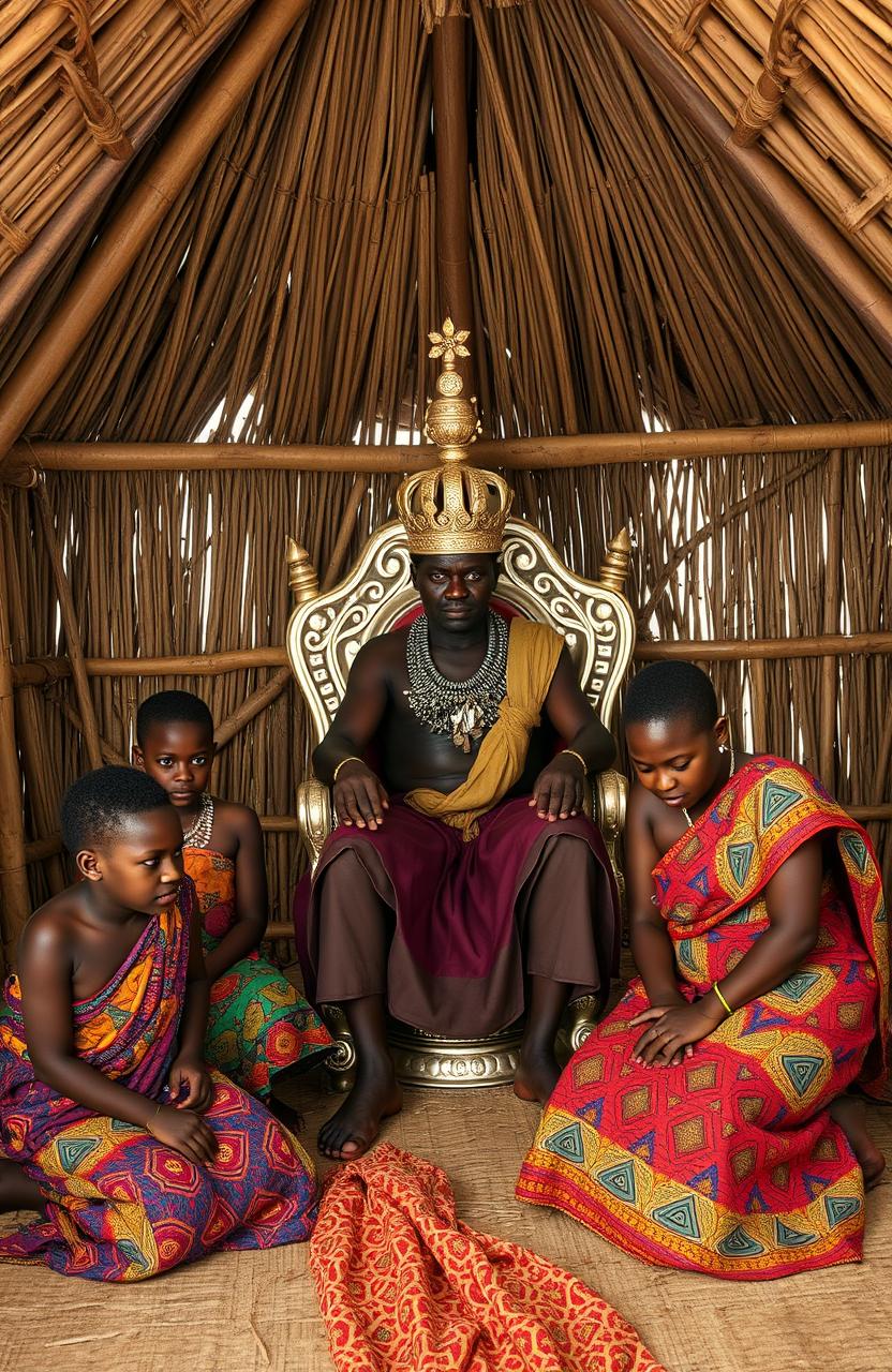 Inside a traditional African chief’s camp, depicted in a wide grass thatched single-room house with half open walls