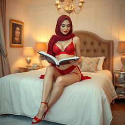 An elegant image of a hijab woman wearing a red bra, matching red underwear, and stylish high heels, alone in a beautifully decorated bedroom