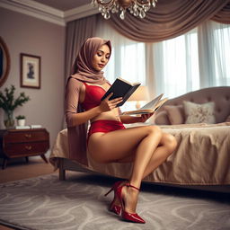 An elegant image of a hijab woman wearing a red bra, matching red underwear, and stylish high heels, alone in a beautifully decorated bedroom