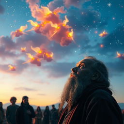 A serene scene featuring an elderly man with a long beard, positioned in the corner of the frame, gazing upwards in awe