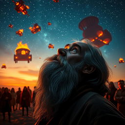 A serene scene featuring an elderly man with a long beard, positioned in the corner of the frame, gazing upwards in awe