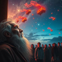 A serene scene featuring an elderly man with a long beard, positioned in the corner of the frame, gazing upwards in awe