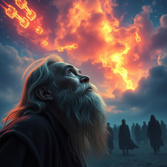 A serene scene featuring an elderly man with a long beard, positioned in the corner of the frame, gazing upwards in awe