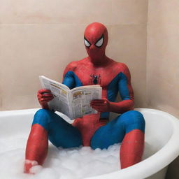 Spiderman relaxing in a bubble bath, reading a comic book