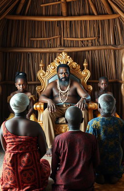 Inside a traditional African chief’s office, depicted as a wide grass thatched single room with half open walls