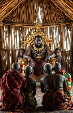 Inside a traditional African chief’s office, depicted as a wide grass thatched single room with half open walls