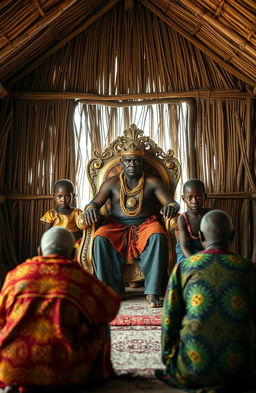 Inside a traditional African chief’s office, depicted as a wide grass thatched single room with half open walls