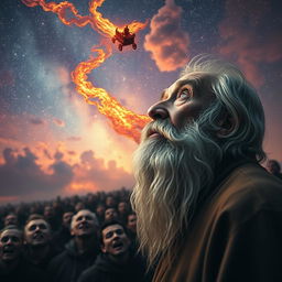 A serene scene capturing an elderly man with a long, flowing beard, positioned elegantly in the corner of the frame