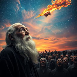 A serene scene capturing an elderly man with a long, flowing beard, positioned elegantly in the corner of the frame