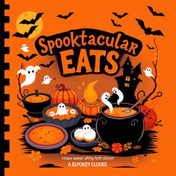A spooky yet inviting Halloween cookbook cover featuring a vibrant orange and black color scheme