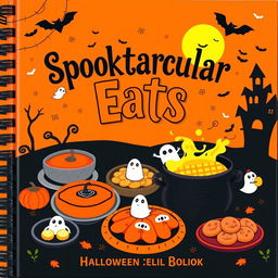 A spooky yet inviting Halloween cookbook cover featuring a vibrant orange and black color scheme