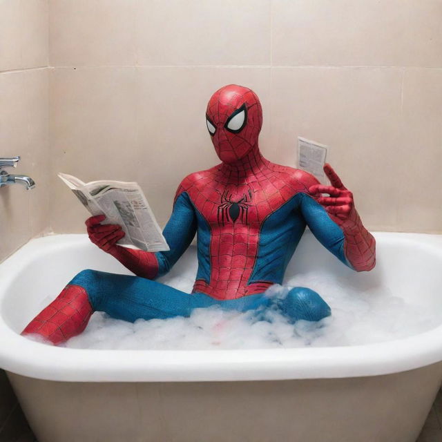 Spiderman relaxing in a bubble bath, reading a comic book