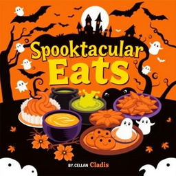 A spooky yet inviting Halloween cookbook cover featuring a vibrant orange and black color scheme